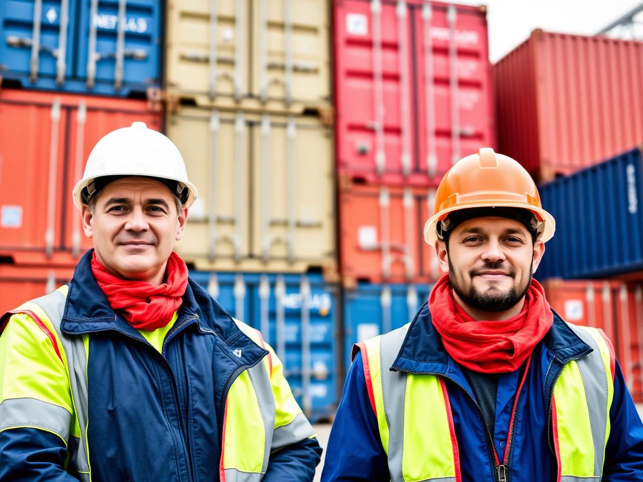 Two workers in safety gear standing in front of shipping containers