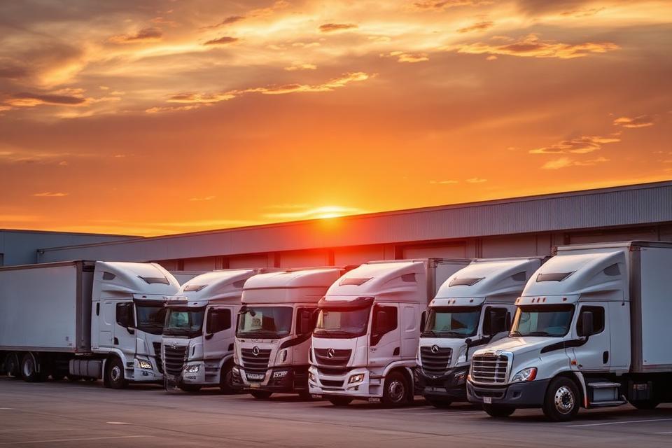 Fleet of trucks at sunset